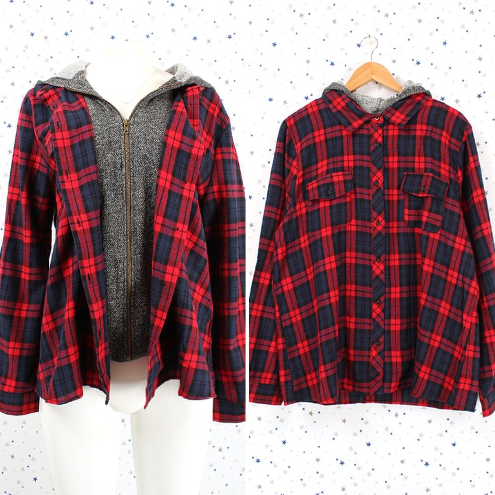 Grey Jersey Layered Hooded Plaid Shirt Red Navy